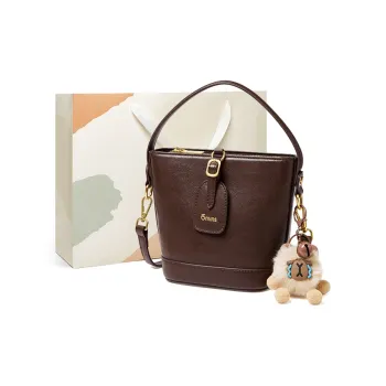 15 MINS Cow Leather With Synthetic Leather Bucket Bag, Shoulder Bag, Handbag Regular Women's Vegetable Tanned Coffee