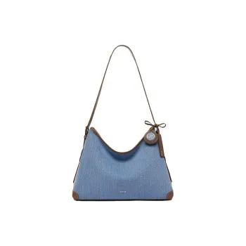 ZESH Denim Fabric With Top Grain Cow Leather Shoulder Bag Large Size Women's Denim Blue