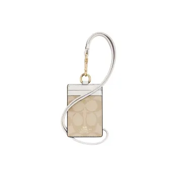 COACH Lanyard Artificial Leather Card Sleeve Card Holder Mini Women's Khaki White