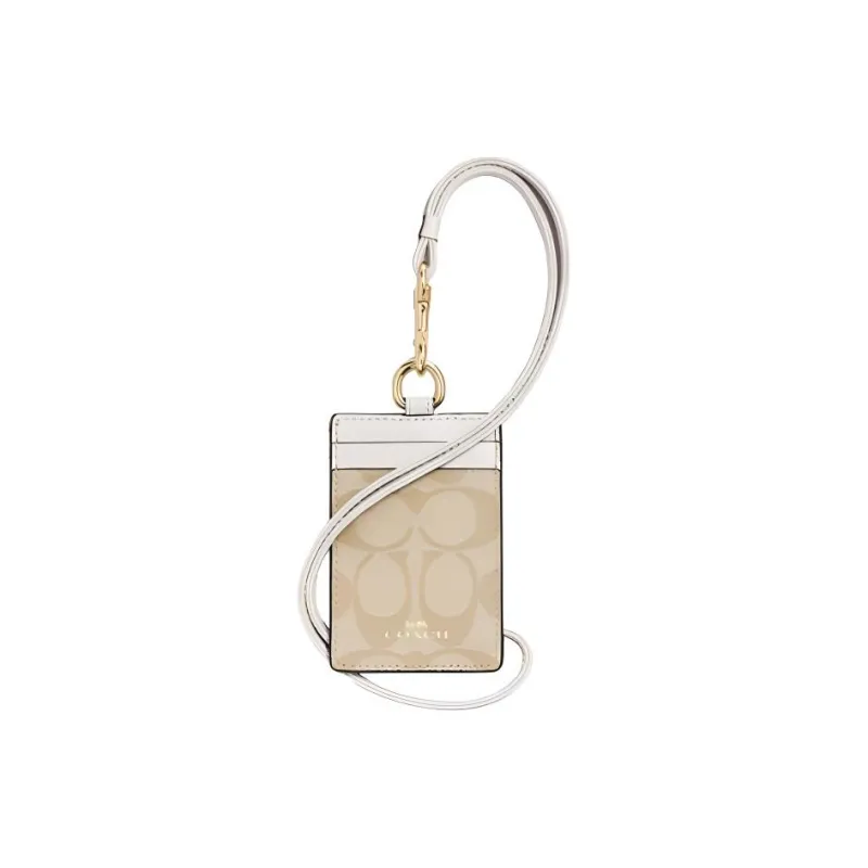 COACH Lanyard Artificial Leather Card Sleeve Card Holder Mini Women's Khaki White-0