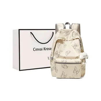 CinvaiKrose Fabric, Synthetic Leather Backpack Large Size Women's Ecru/Black