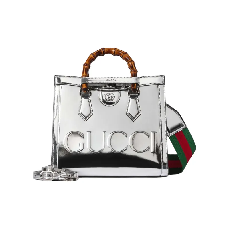 GUCCI Leather Tote Bag Shopping Bag Crossbody One Shoulder Handbags Small Size Women's Silver-1
