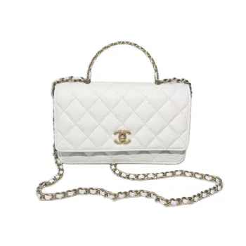 CHANEL 24A Gold Buckle Calfskin Handbag Crossbody Chain Bag Women's White