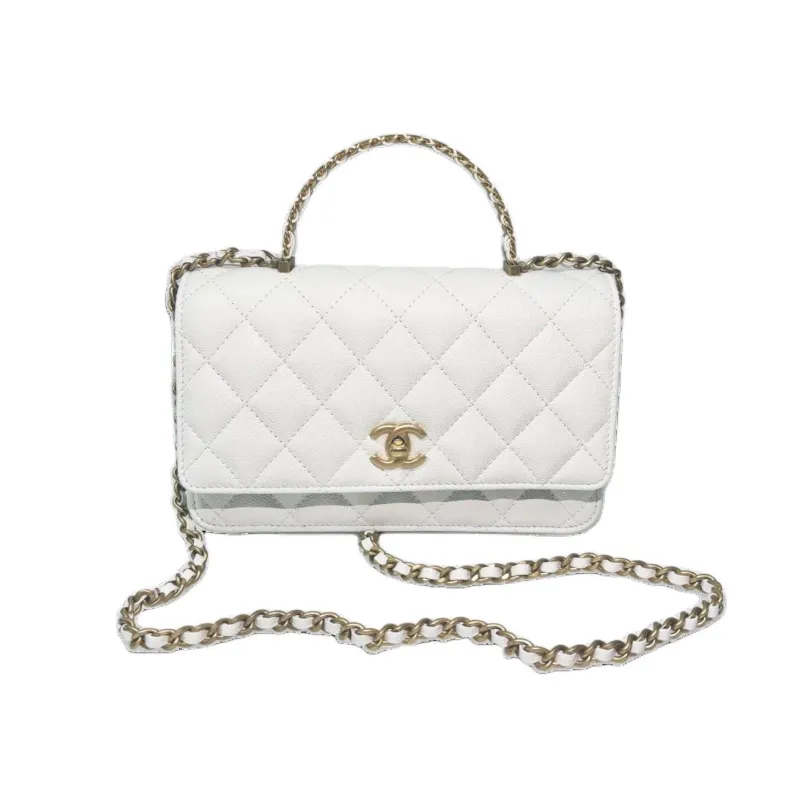 CHANEL 24A Gold Buckle Calfskin Handbag Crossbody Chain Bag Women's White-0