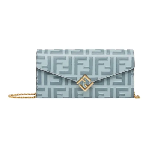 FENDI FF Diamonds Series Calfskin One Shoulder Wallet Women's Light Blue