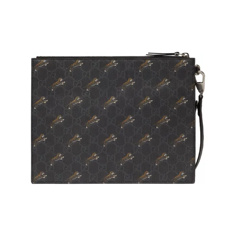 GUCCI Supreme Canvas With Leather Trim Clutch Men's Black Gray Color-2