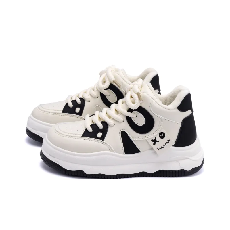 HUANQIU Height Increasing, Slip Resistant, Abrasion Resistant High Top Skateboard Shoes Women's Beige Black-1