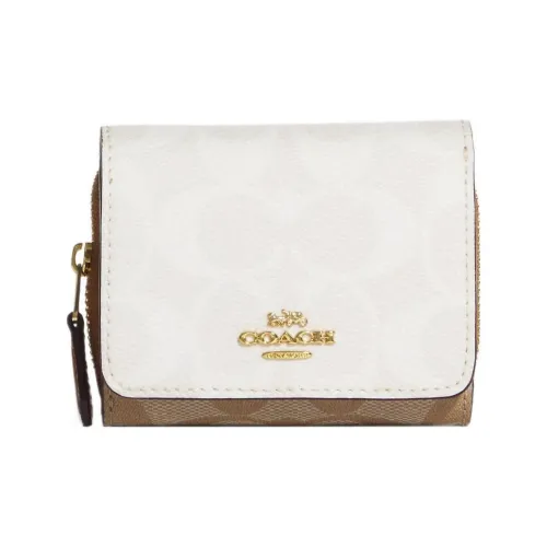COACH Trifold Wallet Leather Wallet Women's Khaki Monogram & White