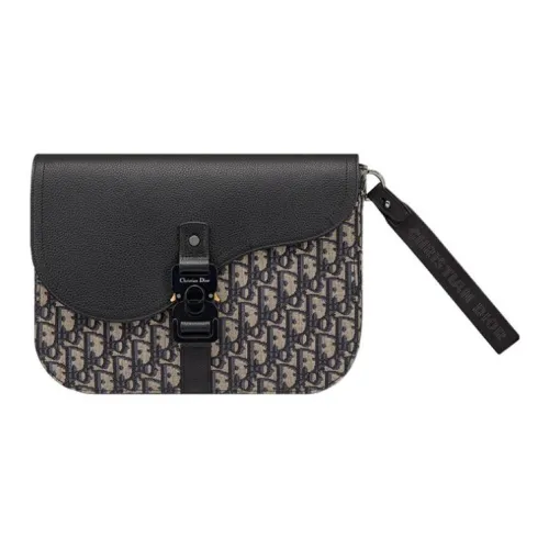DIOR Oblique Print With Grain Cow Leather Clutch Men's Black/Beige