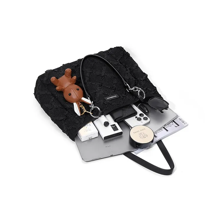 Simvay Clos Fabric With Synthetic Leather Tote Bag Shopping Bag Handbag Shoulder Bag Large Size Women's Black-4