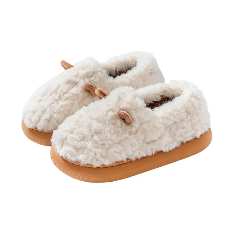 Foot Recreation 3D Effect Small Ears Solid Color Fleece Slippers Winter Home Indoor Warm Cotton Home Slippers Unisex-0