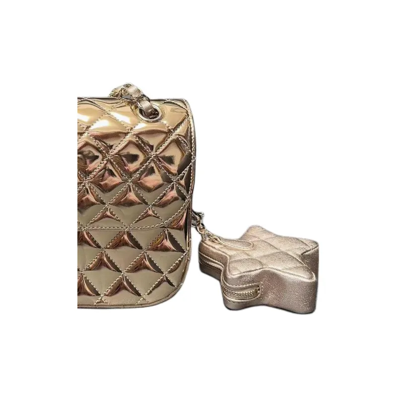 CHANEL Calfskin With Lambskin Flap Bag, Star Shaped Coin Purse, Shoulder Bag, Crossbody Bag Trumpets Women's Light Gold-2