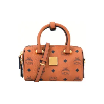 MCM Essential Visetos Origina Leather Boston Bag, Shoulder Bag, Crossbody Bag, Handbag Mini Women's Brown Cognac