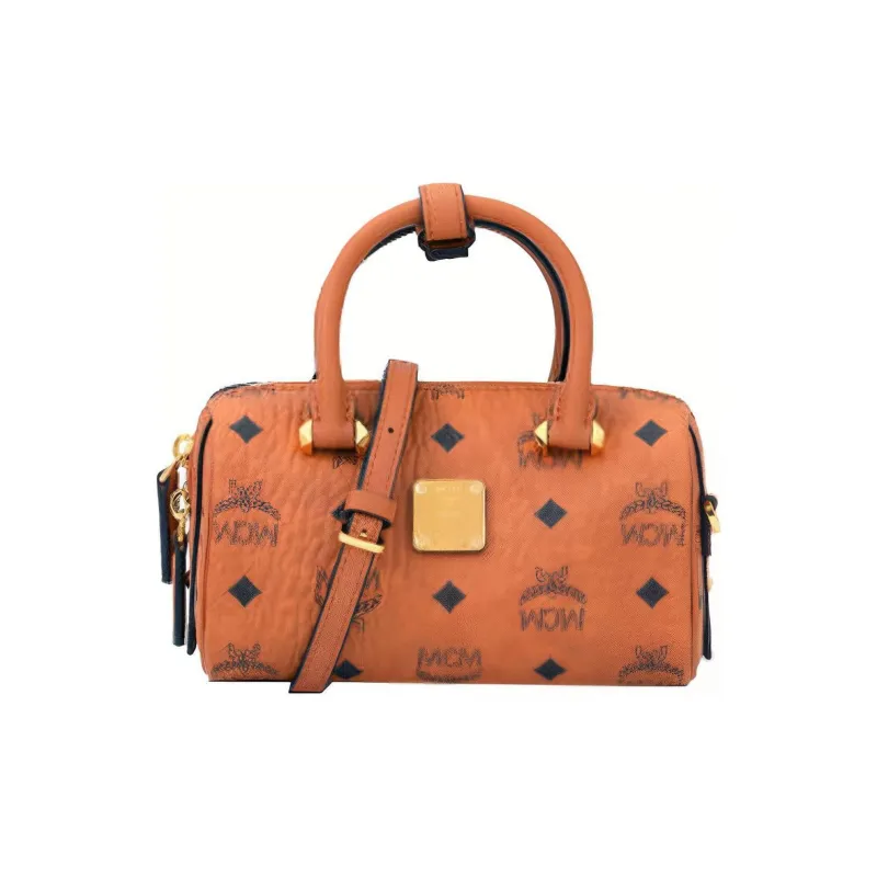 MCM Essential Visetos Origina Leather Boston Bag, Shoulder Bag, Crossbody Bag, Handbag Mini Women's Brown Cognac-0