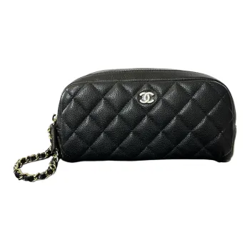 CHANEL Grained Embossed Cow Leather Makeup Bags Toiletry Bags Women's Black
