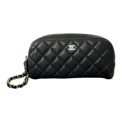 CHANEL Grained Embossed Cow Leather Makeup Navy Bags Toiletry Navy Bags Women's Black