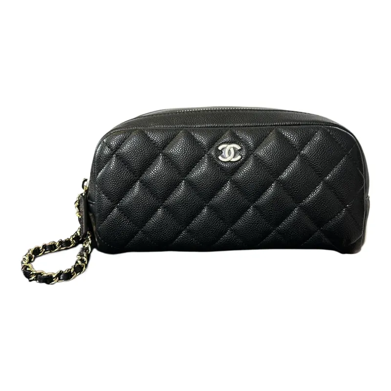CHANEL Litchi Grain Embossed Cow Leather Makeup Bag, Toiletry Bag Women's Black-0