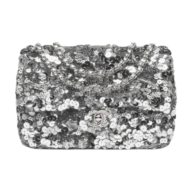 CHANEL Sequins Crossbody Bag, Shoulder Bag Women's Silver-0