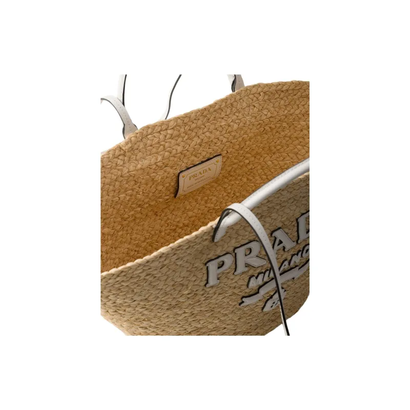 PRADA Raffia One Shoulder Handbags Large Size Women's Tan & White-4