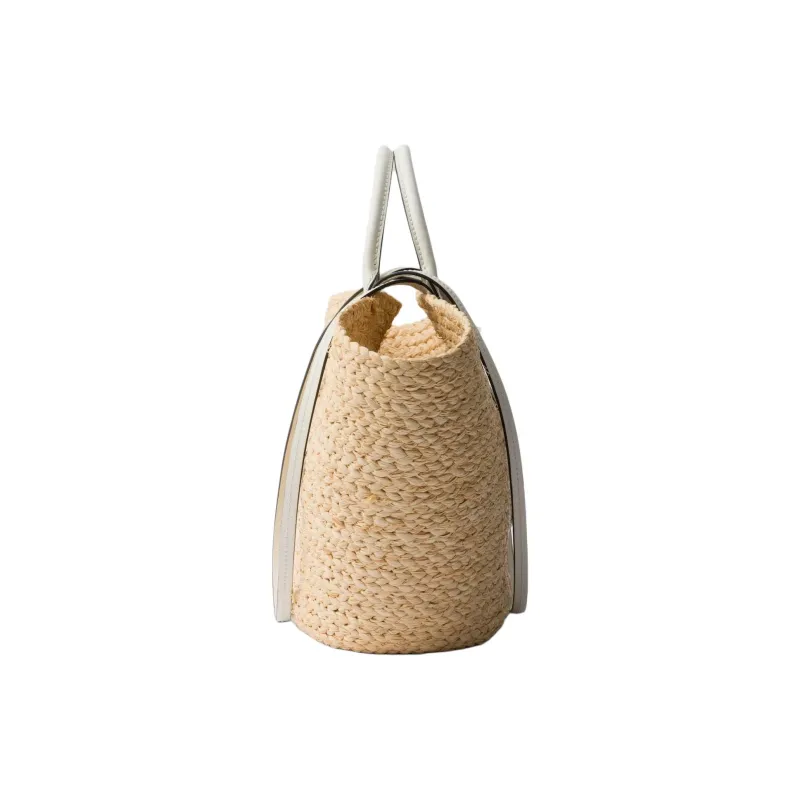 PRADA Raffia One Shoulder Handbags Large Size Women's Tan & White-2