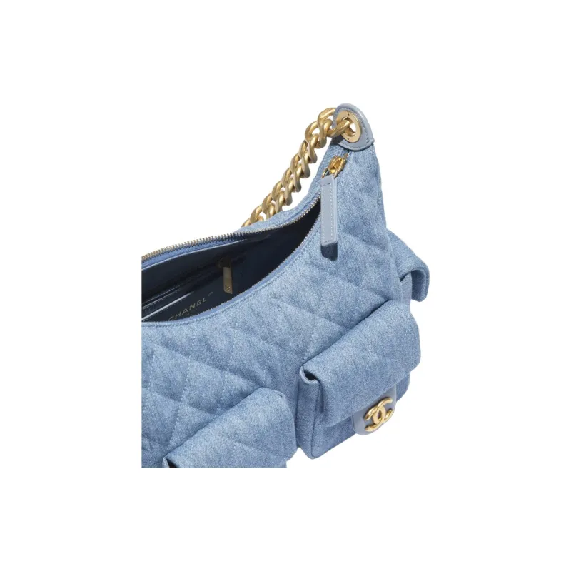 CHANEL Denim Hobo Bag, Handbag, Shoulder Bag Tubas Women's Light Blue-3