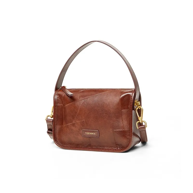 Teenmix Cow Leather Small Square Bag Shoulder Bag Crossbody Bag Handbag Regular Small Size Women's Brown/Rosewood/Black-8