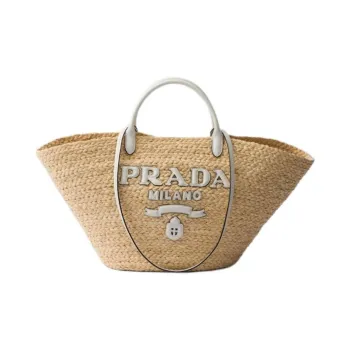 PRADA Raffia One Shoulder Handbags Large Size Women's Tan & White