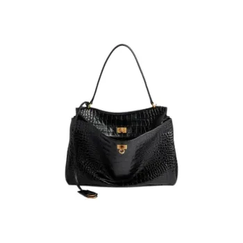 Balenciaga Crocodile Embossed Calfskin One Shoulder Handbag Medium Size Women's Black