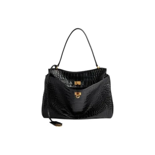 Balenciaga Crocodile Embossed Calfskin One Shoulder Handbag Medium Size Women's Black
