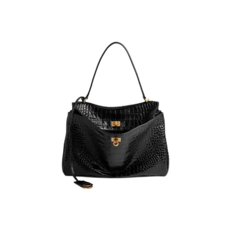 Balenciaga Crocodile Embossed Calfskin One Shoulder Handbag Medium Size Women's Black-0