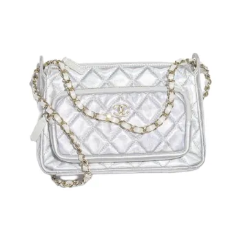 CHANEL Lambskin Clutch Women's Silver