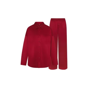 SKIMS Fake Day Collection FW24 SILK OVERSIZED LONG SLEEP SET Pajama Set Women's BRICK Red