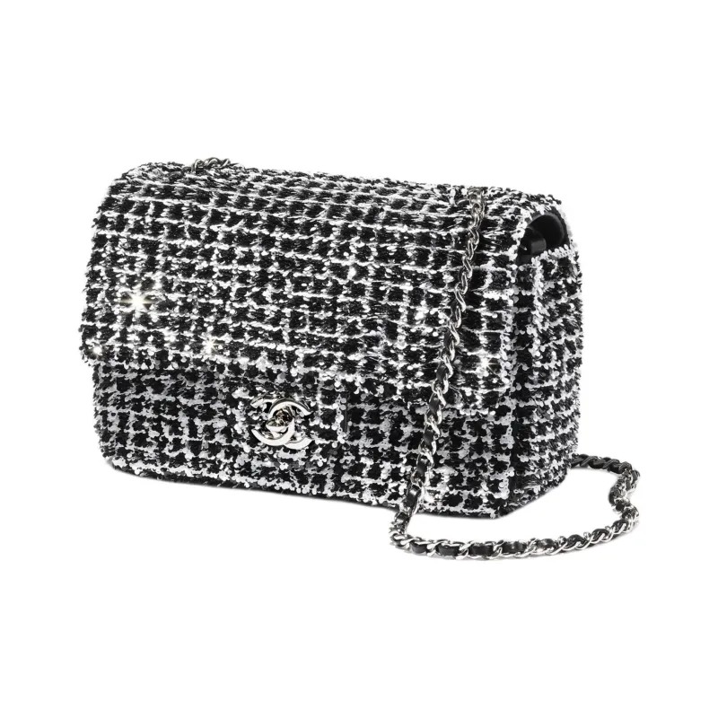 CHANEL Sequins Handbag, Shoulder Bag Trumpets Women's Black & White & Silver-3