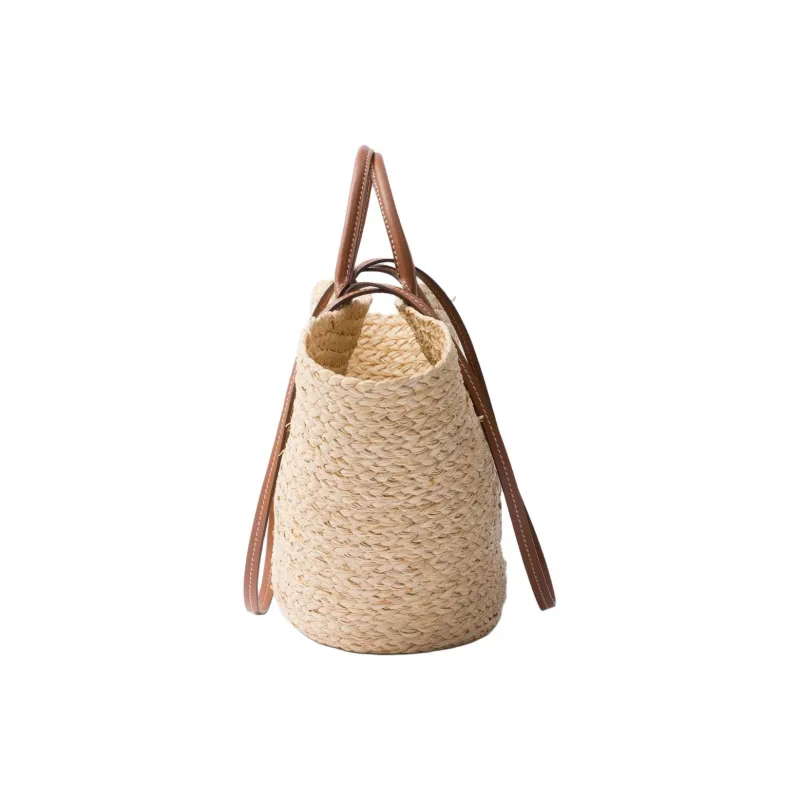 PRADA Raffia One Shoulder Handbag Large Size Women's Beige & Cognac Brandy-4