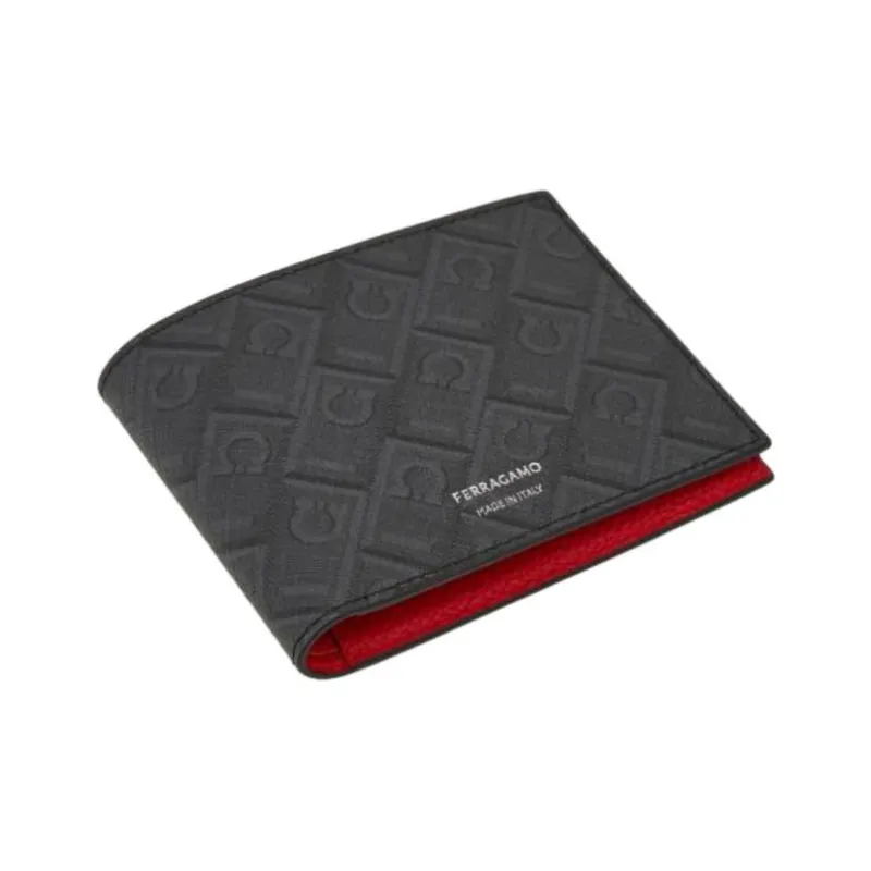 FERRAGAMO Calfskin Card Holder Men's ÍTica  Black & Red-2