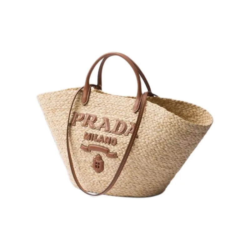 PRADA Raffia One Shoulder Handbag Large Size Women's Beige & Cognac Brandy-1