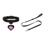 [Obsidian Black]Heart-Shaped Rhinestone-Embellished Charm+Obsidian Black Collar+Leash