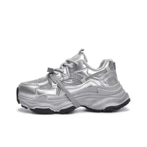 MXGM Anti Slip Wear Resistant Breathable Lightweight Height Increasing Warm Low Top Chunky Sneakers Women's Silver