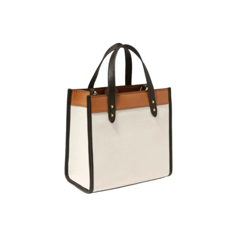 COACH Field Glossy Pebbled Leather Tote Bag Shopping Bag Small Size Women's White & Brown-3