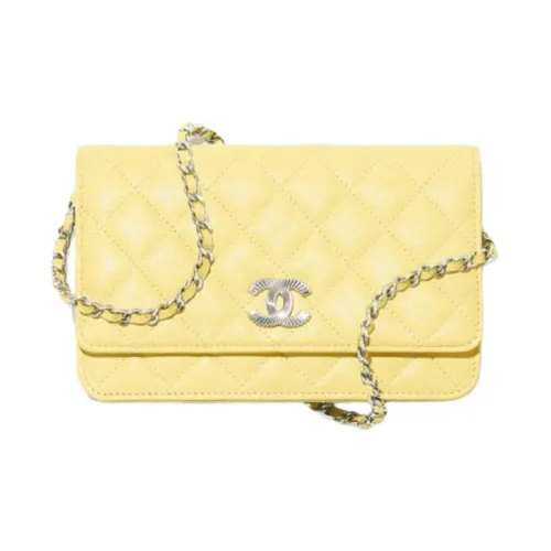 CHANEL Shiny Grained Calfskin Shoulder Bag Crossbody Bag Wallet Women's Yellow