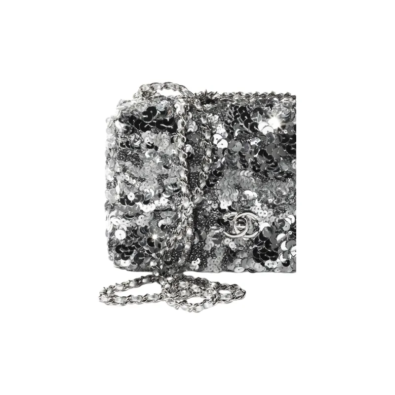 CHANEL Sequins Crossbody Bag, Shoulder Bag Women's Silver-3