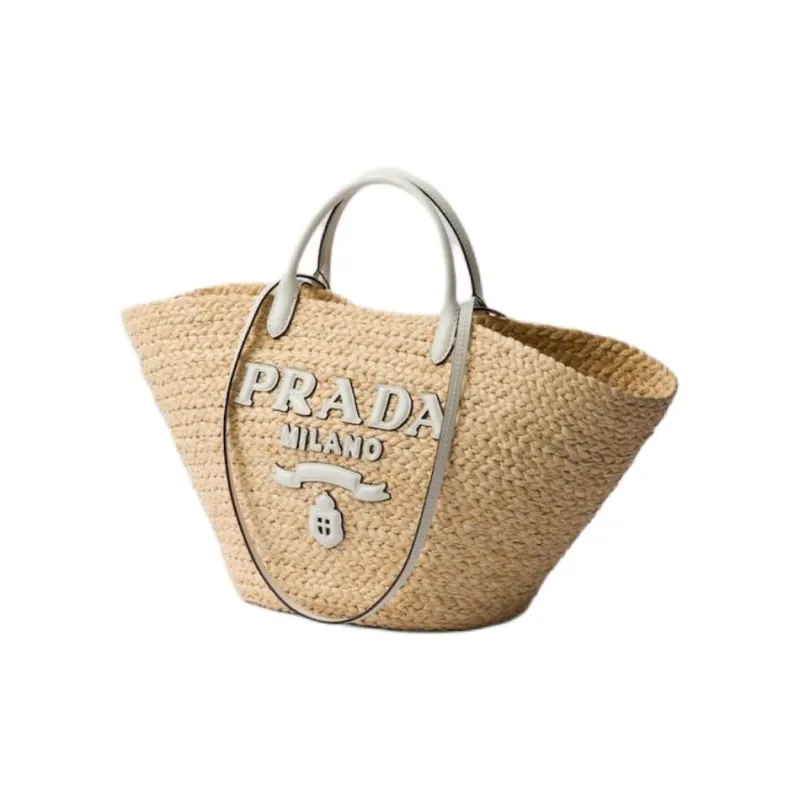 PRADA Raffia One Shoulder Handbags Large Size Women's Tan & White-1
