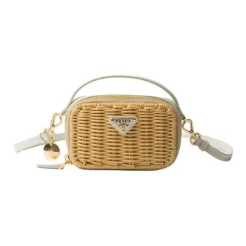 PRADA Wicker With Leather Shoulder Bag Crossbody Bag Handbag Mini Women's Tan & White