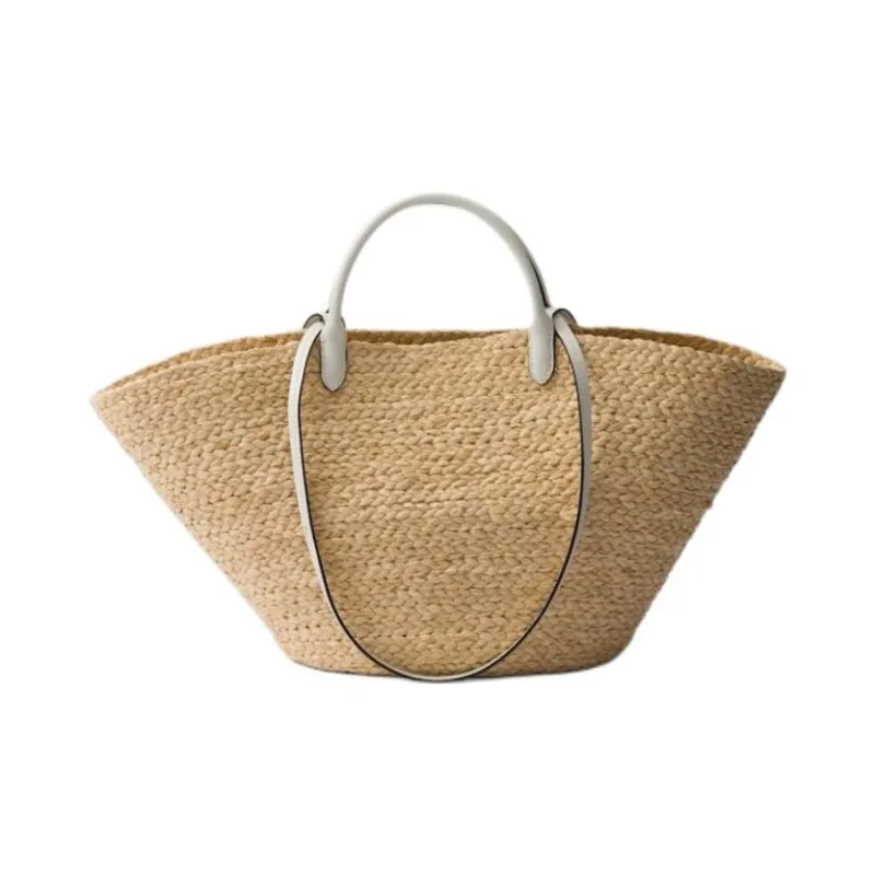 PRADA Raffia One Shoulder Handbags Large Size Women's Tan & White-3