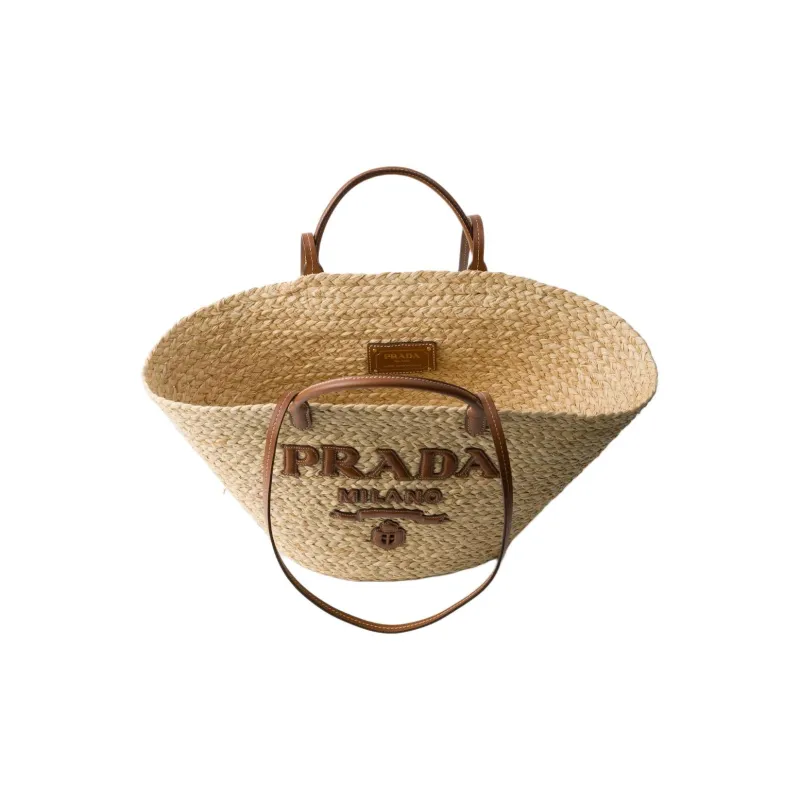 PRADA Raffia One Shoulder Handbag Large Size Women's Beige & Cognac Brandy-3