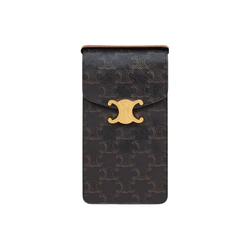 CELINE Triomphe Arc De Triomphe Canvas With Calfskin Shoulder Bag, Crossbody Bag With Cell Phone Pouch Unisex Tawny