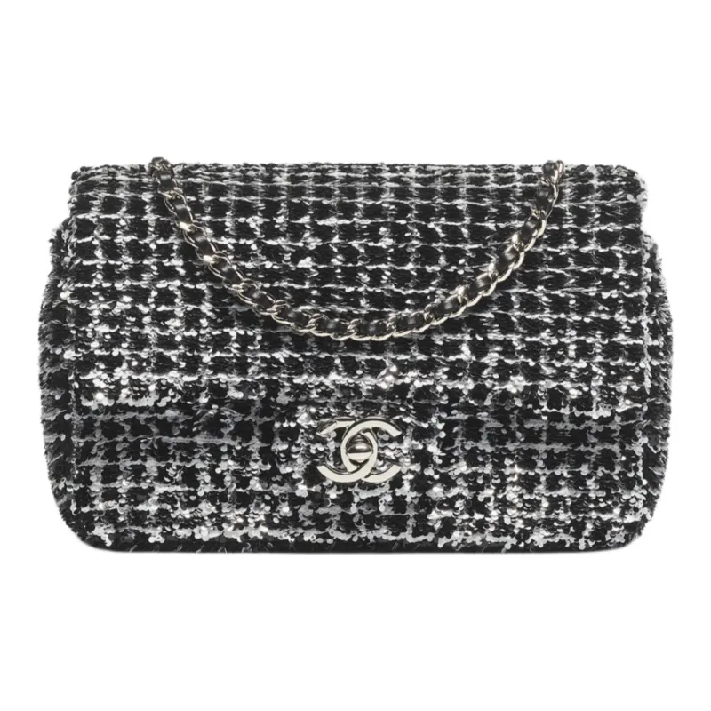 CHANEL Sequins Handbag, Shoulder Bag Trumpets Women's Black & White & Silver-0