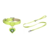 [Bamboo Green]Heart-Shaped Rhinestone-Embellished Charm+Bamboo Green Collar+Leash