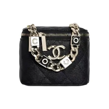 CHANEL Embossed Shiny Calfskin Makeup Bag One Shoulder Crossbody Clutch Small Size Women's Black