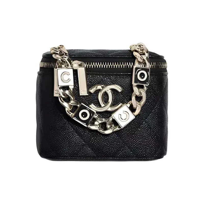 CHANEL Grain Embossed Shiny Caviar Calfskin Makeup Bag, One Shoulder Crossbody Clutch Trumpets Women's Black-0